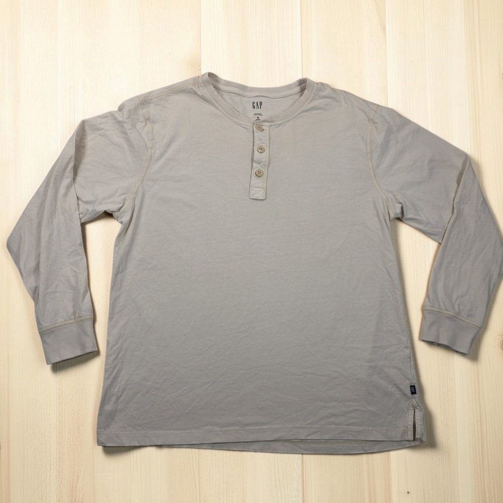 Gap Mens Beige 100% Cotton Long Sleeve Henley Shirt Size M 3-Button Placket